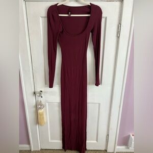 SKIMS Long Sleeve Scoop Neck Maxi Dress in Burgundy